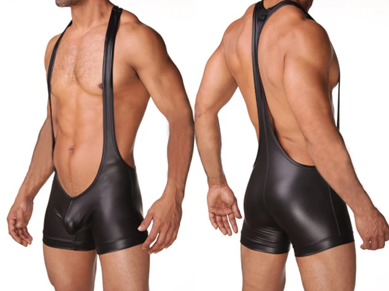 

Men Sexy Lingerie New Faux Leather Bodywear Wrestling Singlets Siamese Boxers Underwear Men Bodysuits Solid Leotard Gay Costume