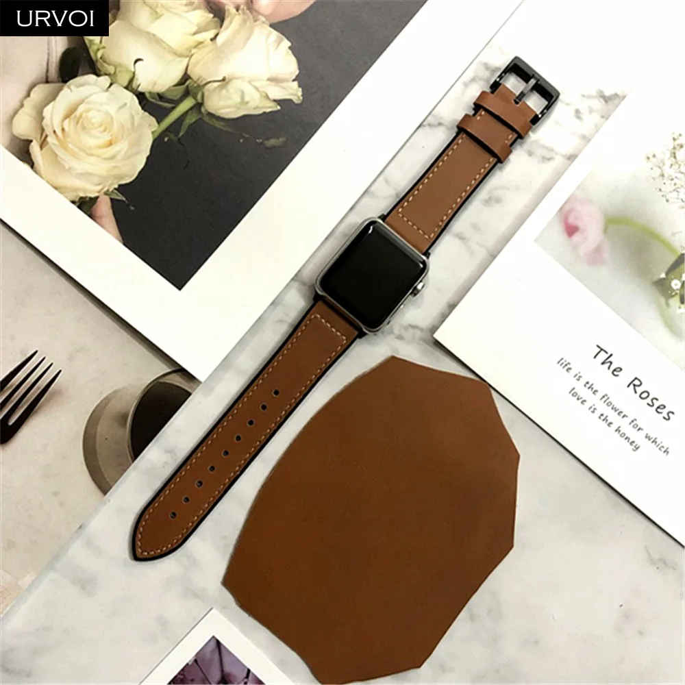 Ремешок URVOI для apple watch series 4 3 2 1 кожаный силиконовый ремешок iwatch дышащая черная