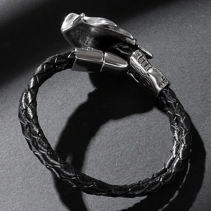 Мужской кожаный браслет с черепами плетеный из нержавеющей стали магнитной