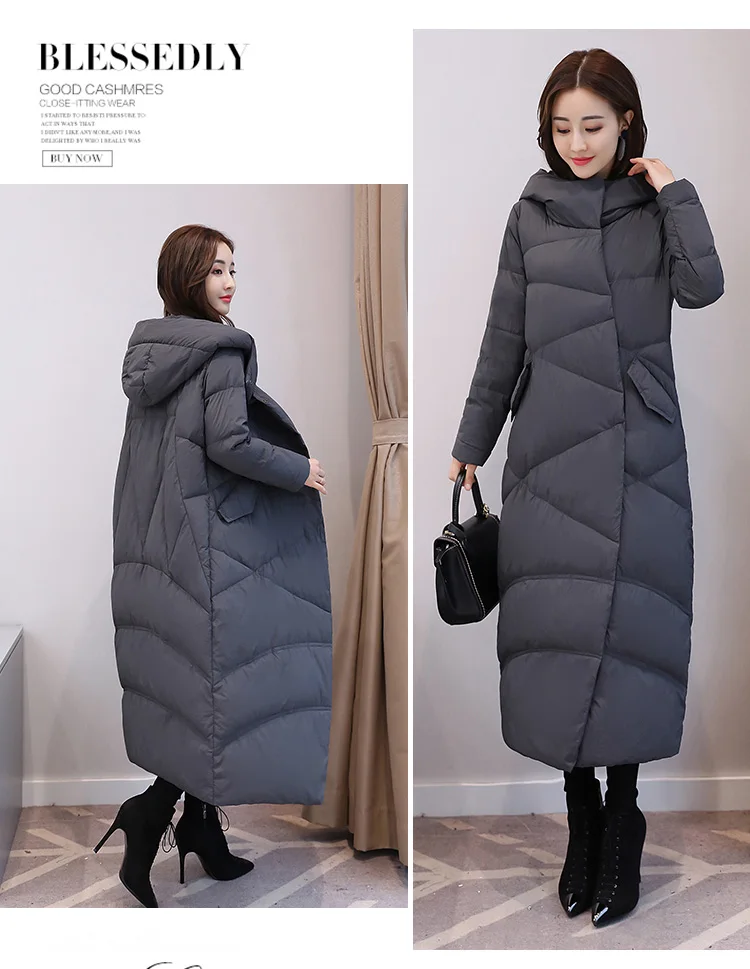 Зимняя женская куртка, новая мода, с капюшоном, белый утиный пух, куртка, утолщенная, теплая, свободная, парка, женское длинное пуховое пальто