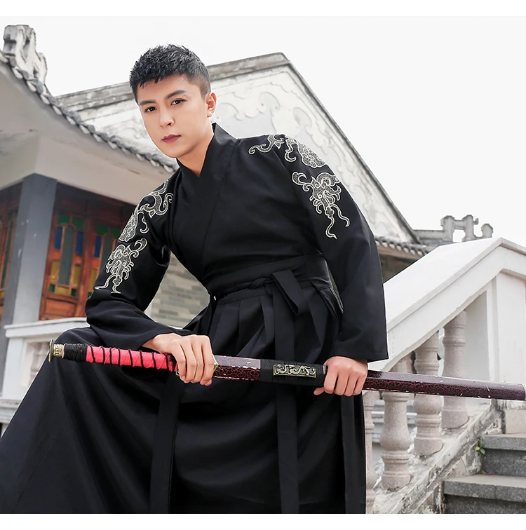 Hanfu мужской Древний китайский костюм черная одежда ушу традиционный старинный сценический наряд Династия Цин костюм представление DNV11614