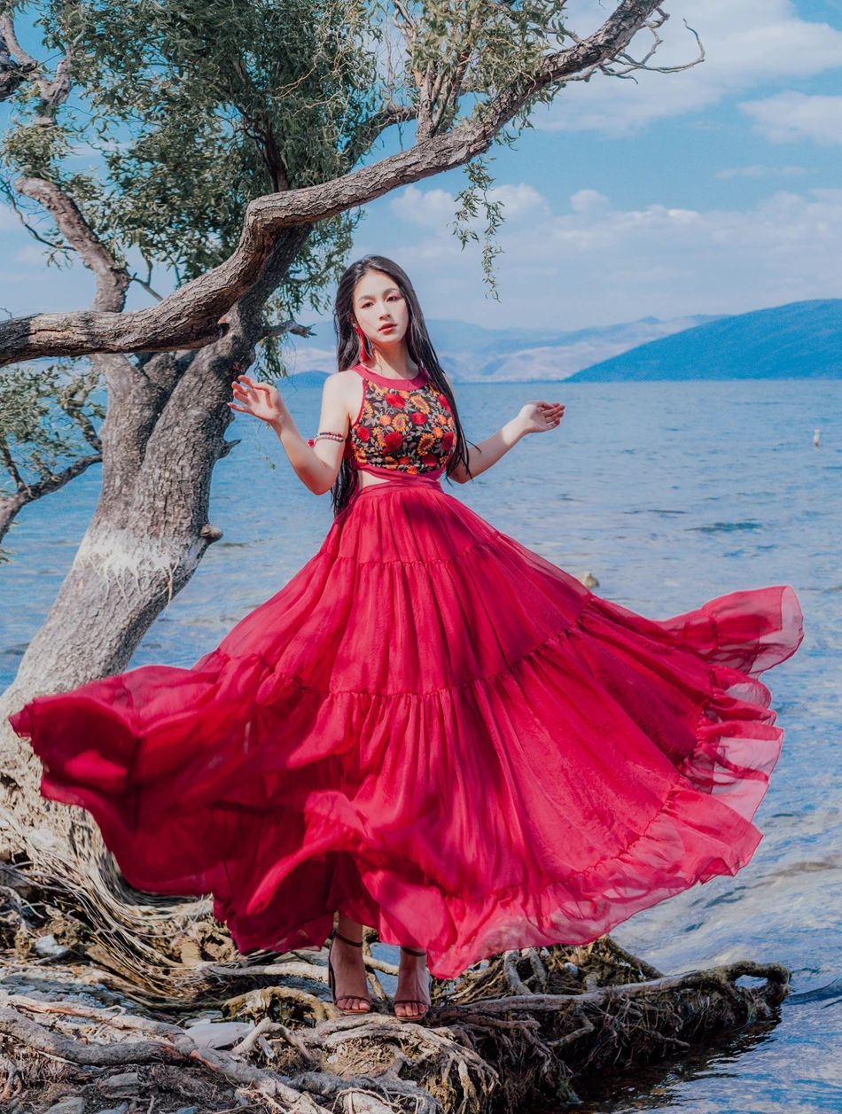 KHALEE YOSE Boho Макси платье летние винтажные вышитые платья шифоновые многоярусные завязанные без рукавов Midriff сексуальное платье Хиппи для женщин