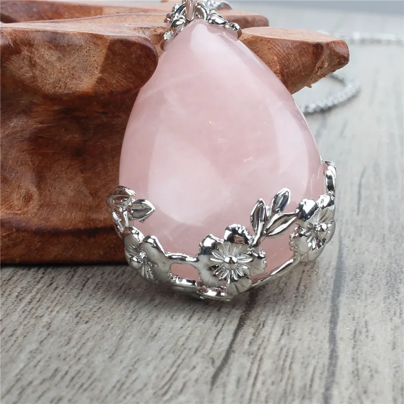 Natural Quartz Teardrop Pendant Necklace Romantic Stainless Steel Cable Chain necklace Women's adjustable Choker | Украшения и