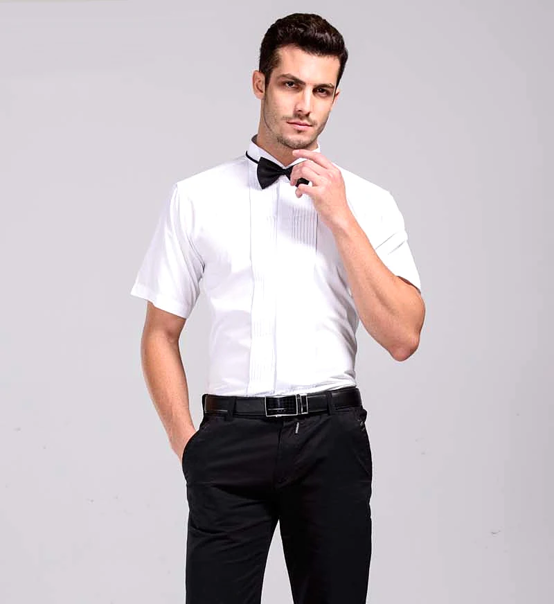 shirt and blcck tie Shenrun Men White Short Sleeve Shirts Male High Quality Formal Shirt Wing Collar Wedding Groom Business Party Prom Size 38-46 - Цвет: shirt and blcck tie