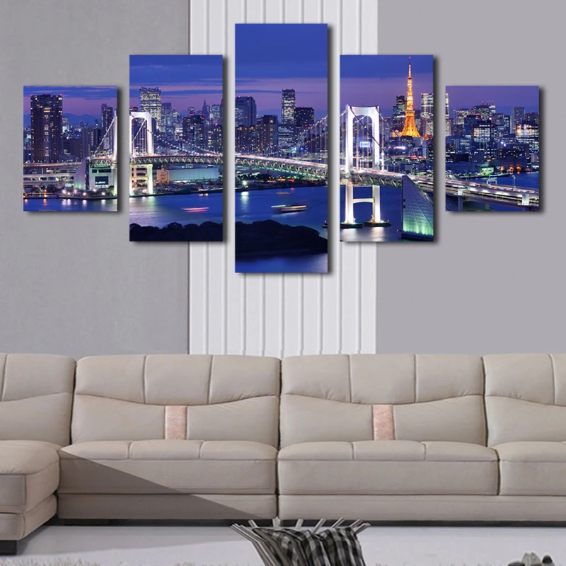 КУАДРОС (без рамки) с изображением ночного города и мост 5 панелей/комплект
