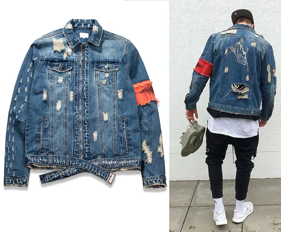 

2018SS KANYE WEST beggar Ripped Zipper Jacket Coats Hip Hop Back embroidered MEN Jackets red Armband Locomotive cowboy jacket