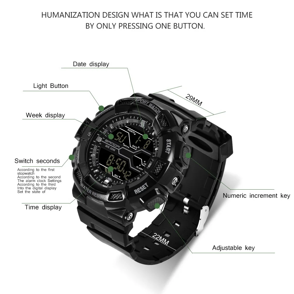 Бренд SANDA мужские модные спортивные часы LED дисплей водонепроницаемые цифровые