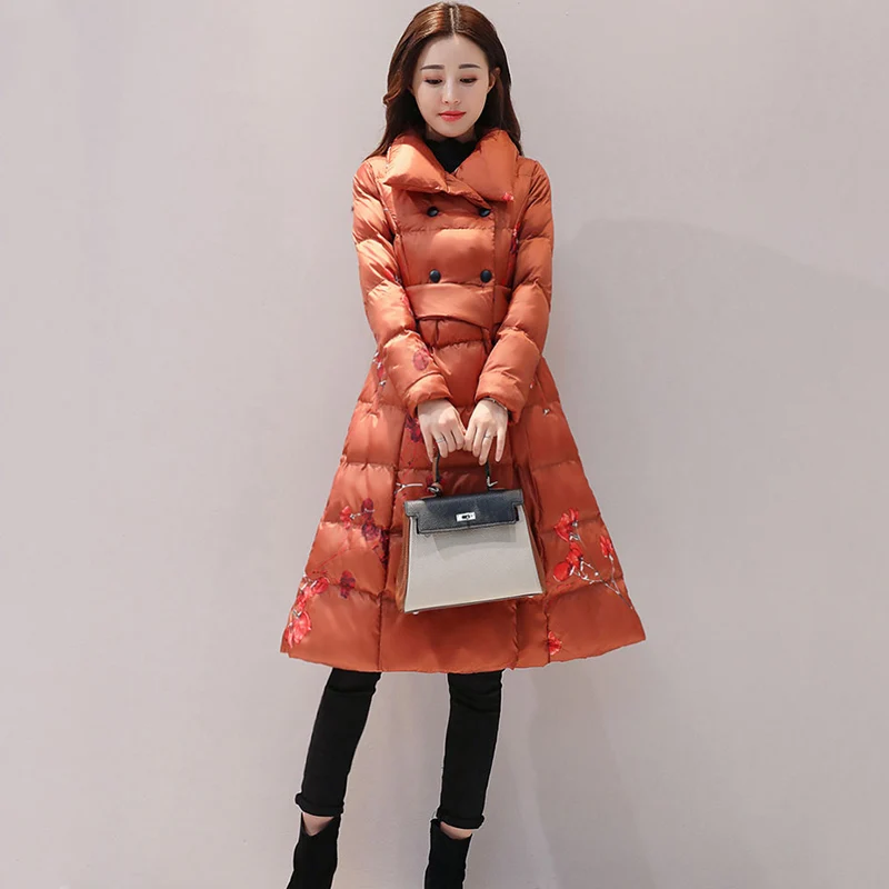 Женское длинное пуховое пальто элегантное большого размера из хлопка с