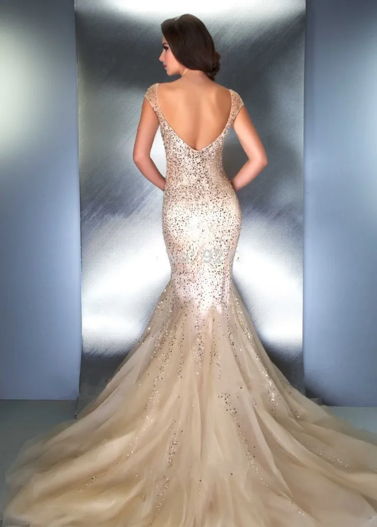 Mermaid Scoop Sexy Open Back Prom Dresses Long Train Nude Tulle Sequined Short Sleeves Gowns | Свадьбы и торжества