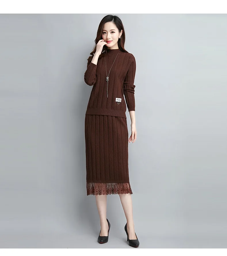 Spring New Knitted Sweater Two Piece Set Top+ Skirt Women Plus size Lace edge Skirt Loose Turtleneck Sweater Pullover Dress 3XL