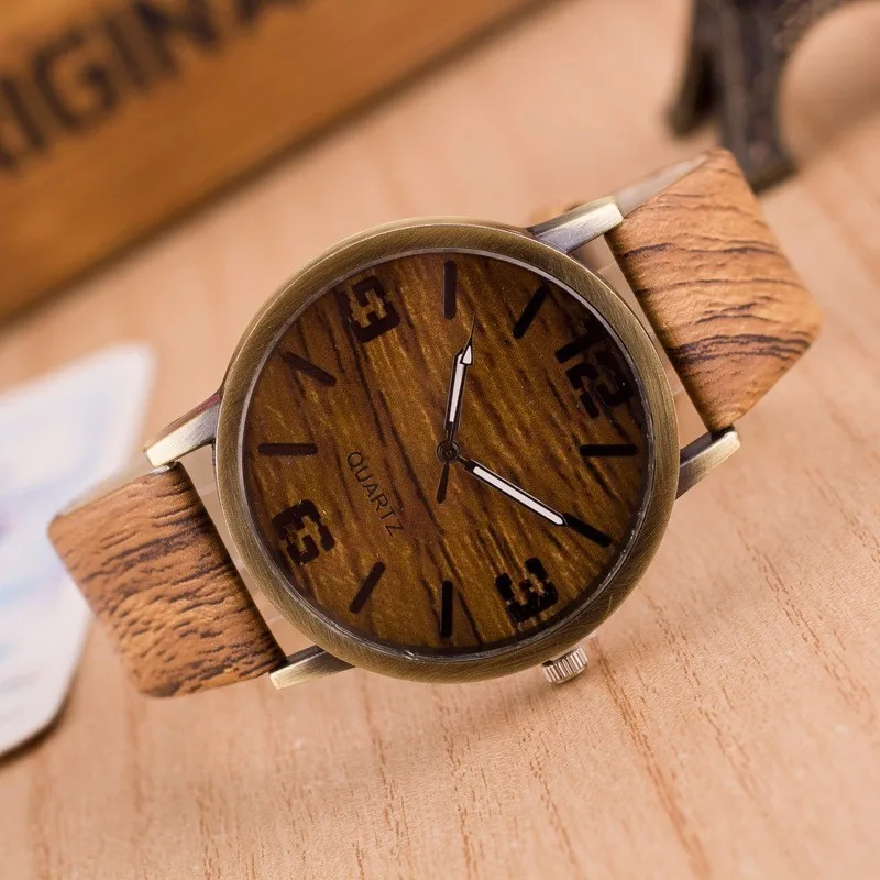 Low price New Fashion Simulation Grain Wooden Watches for Men Women Quartz Watch Faux Leather Unisex Casual Wristwatches | Наручные часы