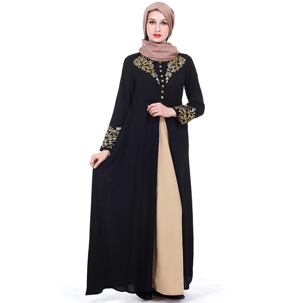 Мусульманское платье Abaya в Дубае черное однотонное с золотым принтом вечернее