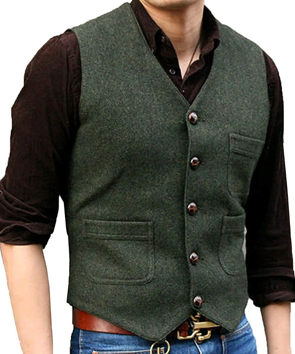 Men's Suit Formal V Neck Wool Herringbone Tweed Casual Waistcoat Formal Business Vest Groomman For Wedding Green/Black/Brown