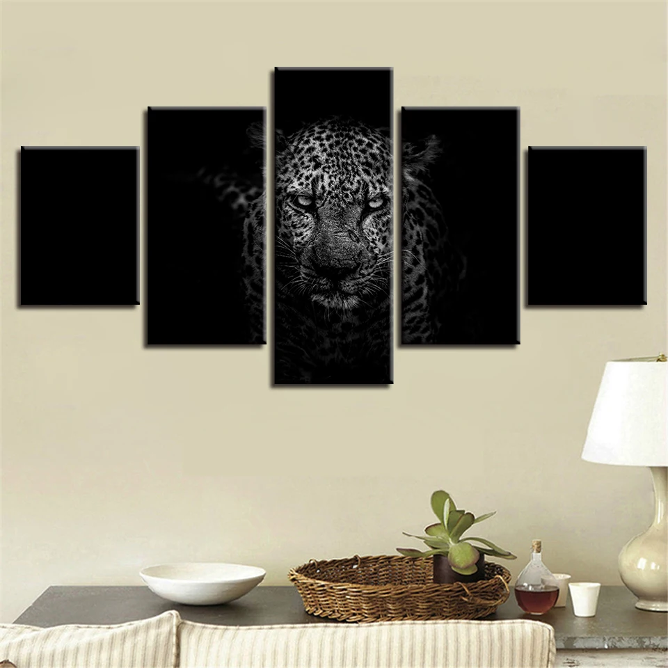 Home Decor Гостиная стены Книги по искусству HD с 5 шт. черный фон животных Leopard Картины