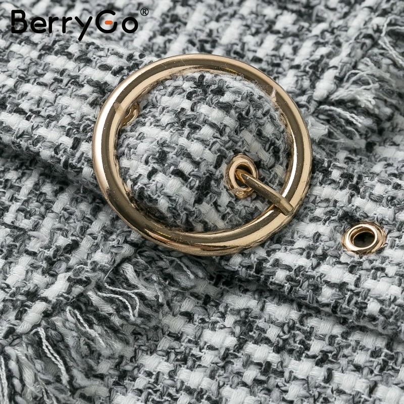BerryGo, v-образный вырез, двойной плед, кисточка, твид, Женский блейзер, пальто, на пуговицах, с поясом, женские пальто, длинный рукав, верхняя одежда, пальто, куртка