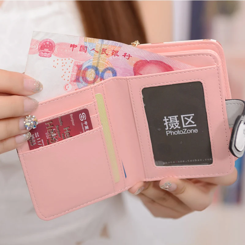 Кожаный мини кошелек с застежкой в три сложения Корейском стиле рисунком кота 2018