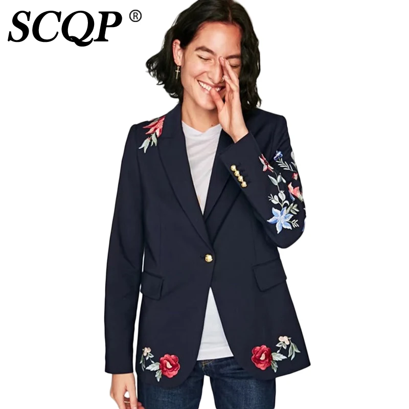 SCQP Embroidery Floral Pockets Spring Jacket Women Long Sleeve Ladies V-neck Outerwear Womens Fashion Office 2017 | Женская одежда