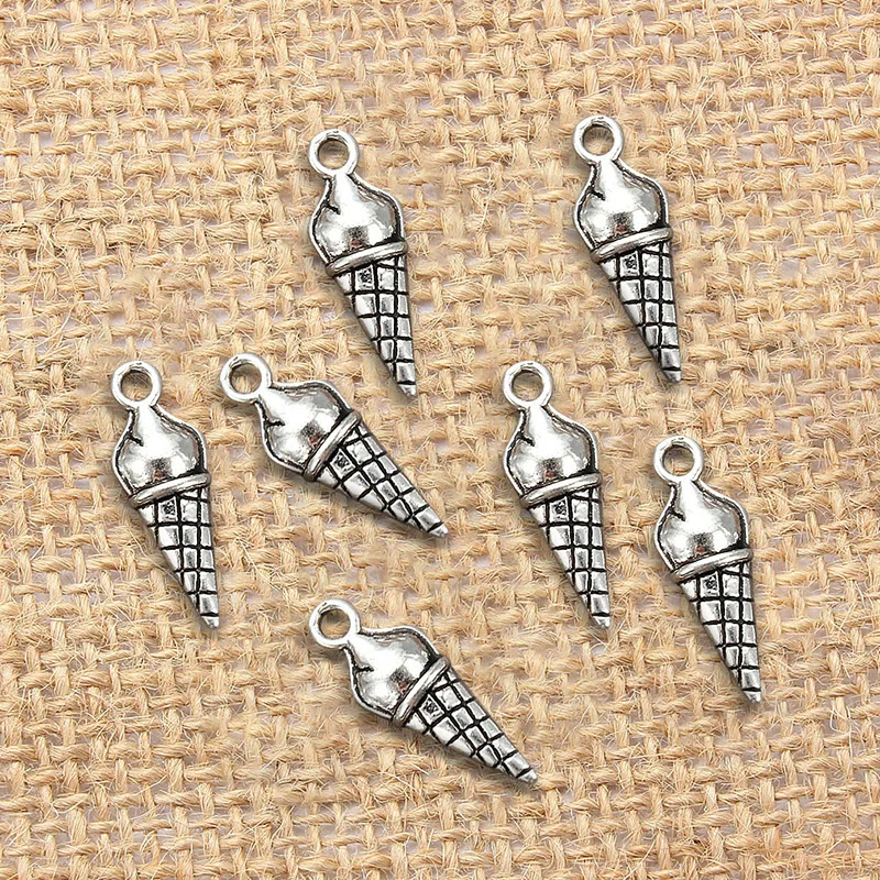 

10pcs Antique Silver color Metal Ice Cream Flat Back Necklace Charms Very Cute Keychain Pendant Necklace For DIY Decoration