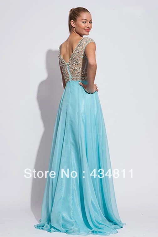 2014 New Scoop Neckline Cap Sleeve Beaded/Crystal See-Through A-Line Tulle Prom Dresses Floor Length Zipper Back Free Shipping | Свадьбы и