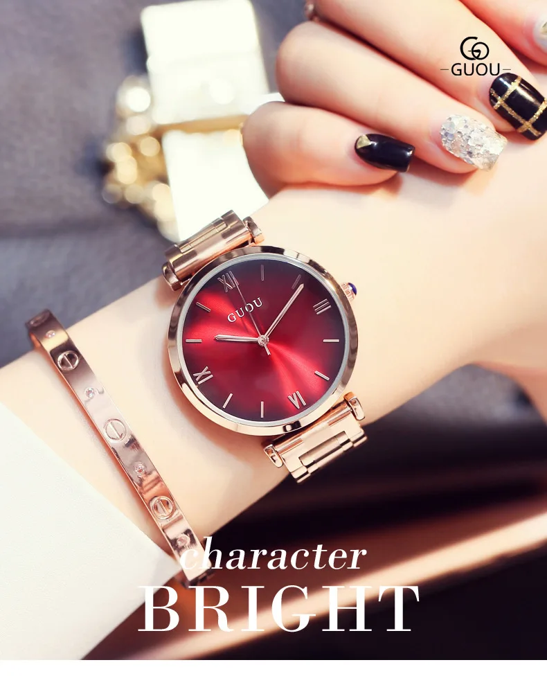 

GUOU Rose Design Watches Women Top Luxury Brand Steel Bracelet Quartz Wristwatch Ladies Elegant Wrist Watch Dames Horloges
