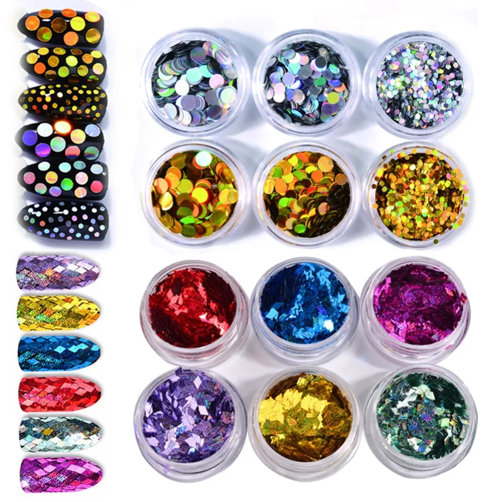 Набор из 12 коробок хамелеонов для ногтей с блестками бриллиантовые круглые