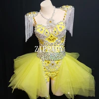 sexy fashion design neon yellow rhinestone outfit leotard skirt stage show shoulder pads dance wear chains fringes clothing set