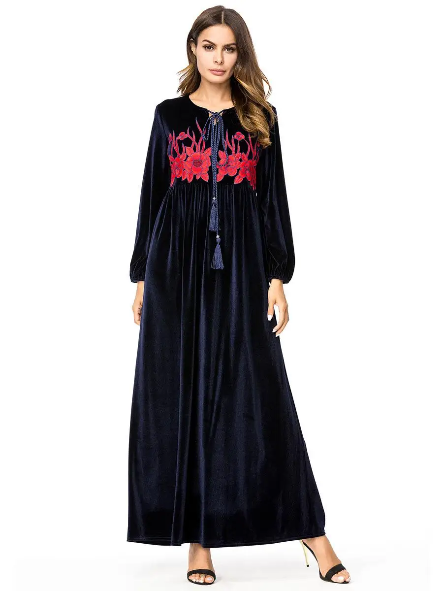 Navy Blue 2 Макси-платье, бархатное платье-кафтан с круглым вырезом, мусульманская одежда, 3 цвета, дубай, абая, джилбаб, стиль Dubia, ближний восток, для женщин, леди, дубай, абая - Цвет: Navy Blue 2