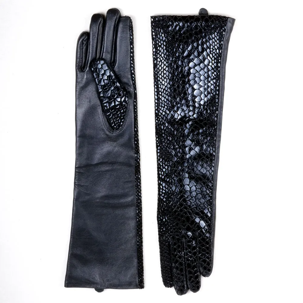 40cm-70cm Women's Ladies Real leather Snake print Leather Black Overlength Party Evening long gloves