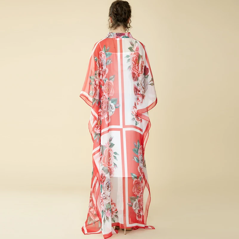 

new fashion designer runway Maxi dress Women Batwing Sleeve Bow collar Flower print loose beach chiffon bohemian long dress