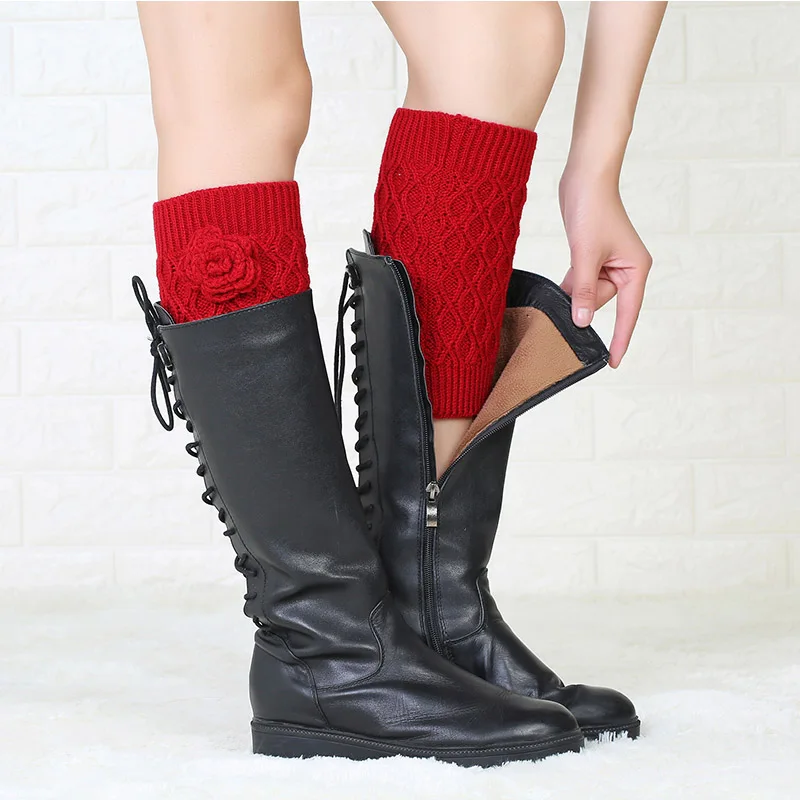 Теплые вязаные черные зимние короткие женские гетры с цветочным принтом ботинки