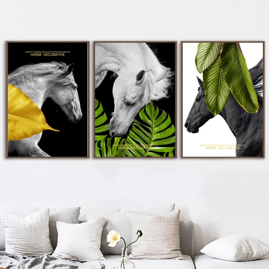 White Horse Monstera Palm Leaf Marbled Wall Art Canvas Painting Nordic Posters And Prints Pictures For Living Room Decor | Дом и сад