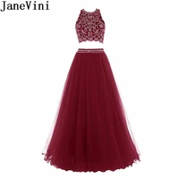 janevini shiny crystal 2 pieces prom dress long luxury beaded halter burgundy bridesmaid dresses sleeveless a line party gowns