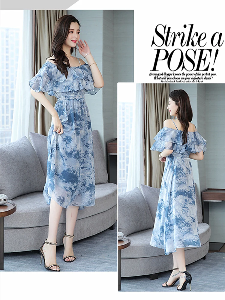 Шифоновое платье на подтяжках для женщин Новинка лета 2019 с эластичной резинкой