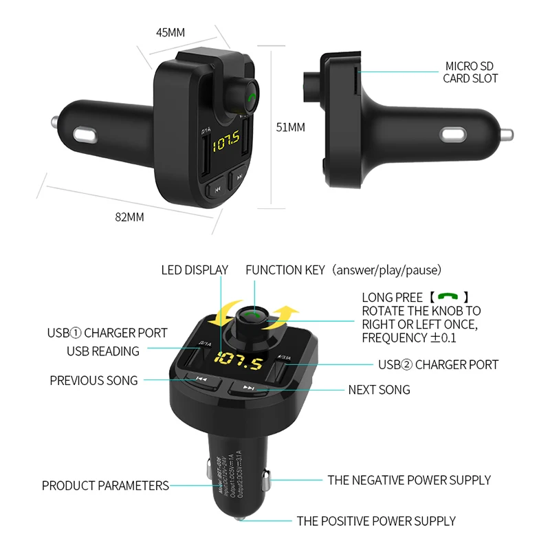 LCAV Car Bluetooth Charger FM Transmitter MP3 Radio Player With Dual USB Voltage LED Display TF Card Music HandFree Kit | Автомобили и