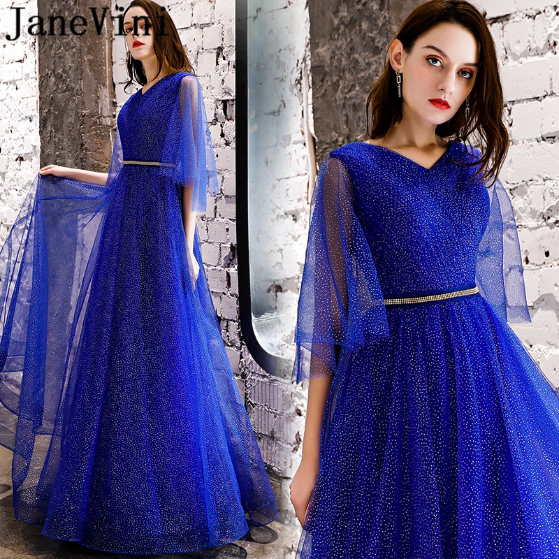 Блестящие ярко синие платья jaevini для выпускного вечера с блестками 2019 V образным