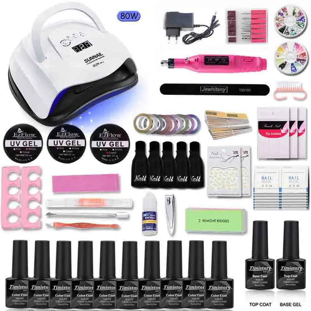 80W-Gel-polis-set Лак для ногтей, комплект одежды для девочек ростом 80/54/36W УФ-светодиодный светильник с 10 шт. Гель-лак для ногтей комплект 1 Базовое покрытие 1top УФ расширение гель набор Электрический Фрезер для ногтей, фрезер для ногтей, для маникюра - Цвет: 80W-Gel-polis-set