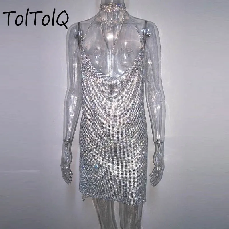 Блестящее сексуальное платье ручной работы с открытой спиной воротником чокером