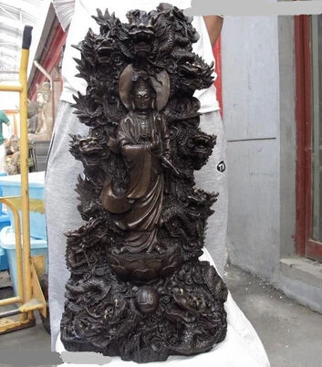

xd 001591 Chinese Buddhism Temple Copper Bronze Nine Dragon Kwan-yin Guanyin Buddha statue
