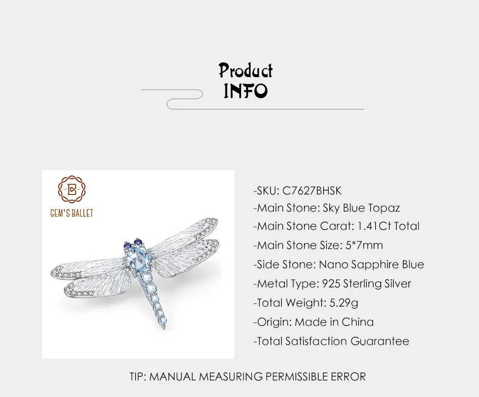 GEM'S BALLET 1.41Ct натуральная небесно-голубая брошка с топазами 925 пробы Серебряная ручная работа дизайн стрекоза Броши для женщин хорошее ювелирное изделие