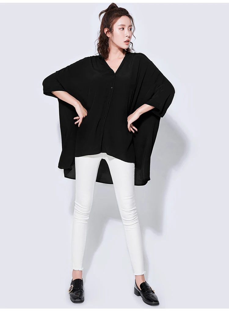 Hongsonghan Simple black color three quarter batwing sleeve tops 2018 Summer V-collar shirts loose big size irregular blouse |