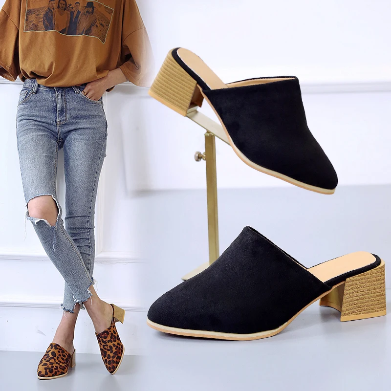 MAIAKO/острый носок женские шлепанцы пикантные черные тапочки на квадратном