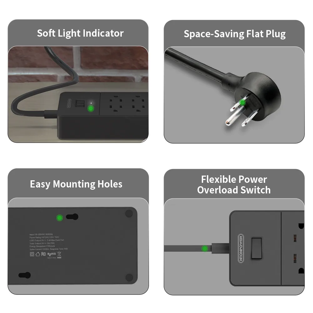 NTON POWER Smart Power Strip настенная 6 AC 4 USB зарядная станция с защитой от перенапряжения
