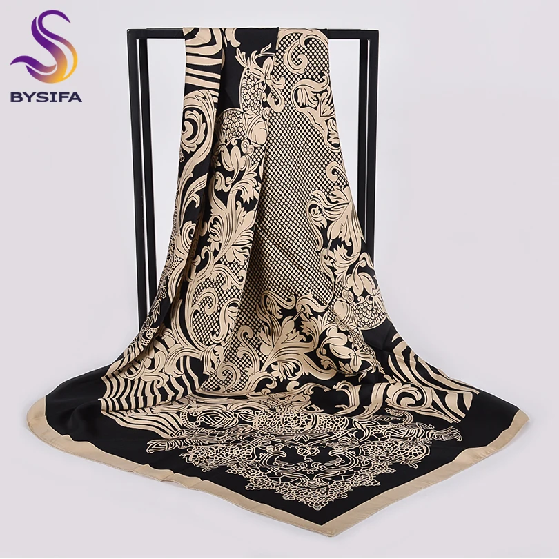 

[BYSIFA] Black Beige Winter Scarves Women New Brand Dull Satin Square Silk Scarf Shawl Ladies Neck Head Scarf Hijab 100*100cm