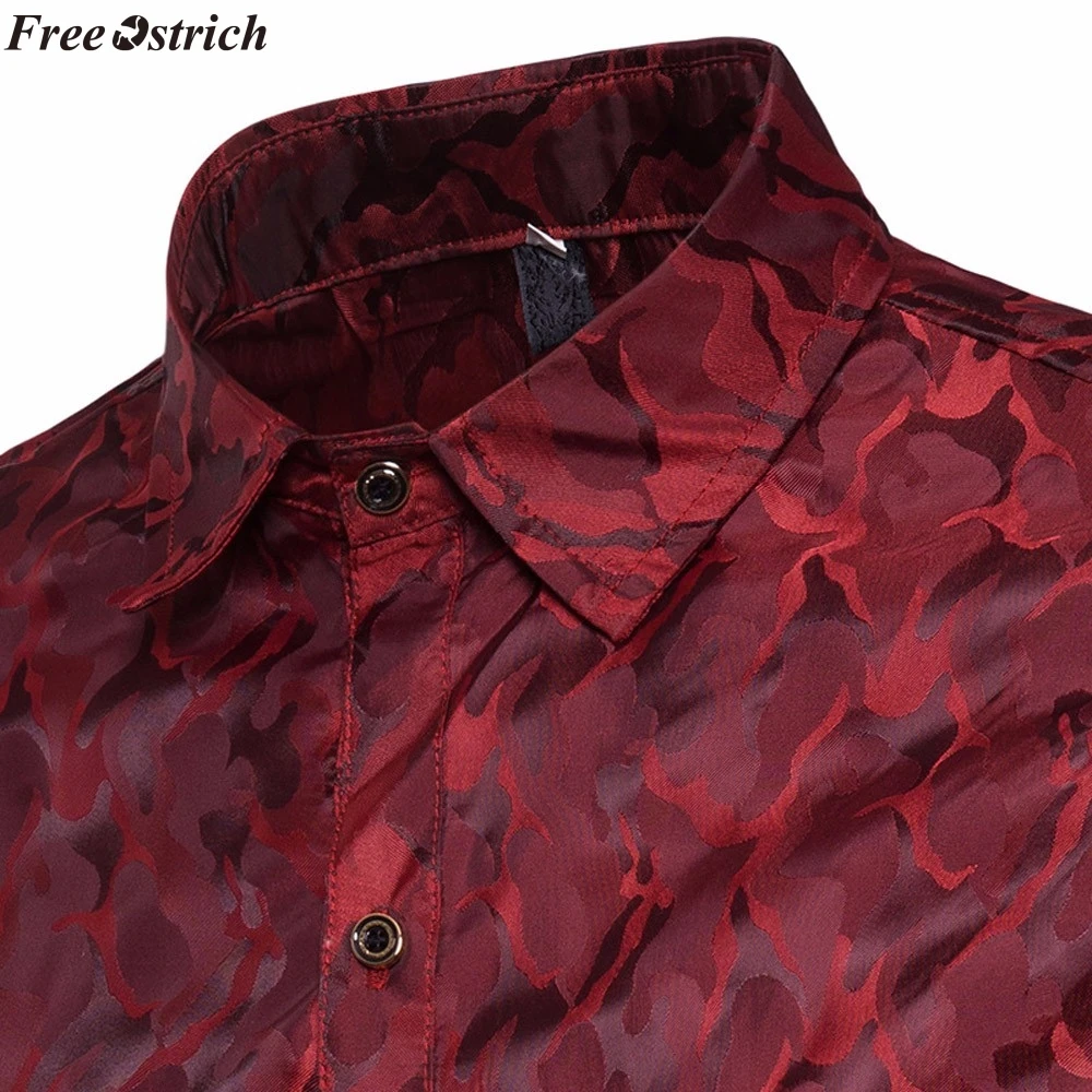 FREE OSTRICH Men's Shirt 2019 Camouflage Design Silk Cloth Luxury Official Dark Business Plaid Slim Long Sleeve Top | Мужская одежда