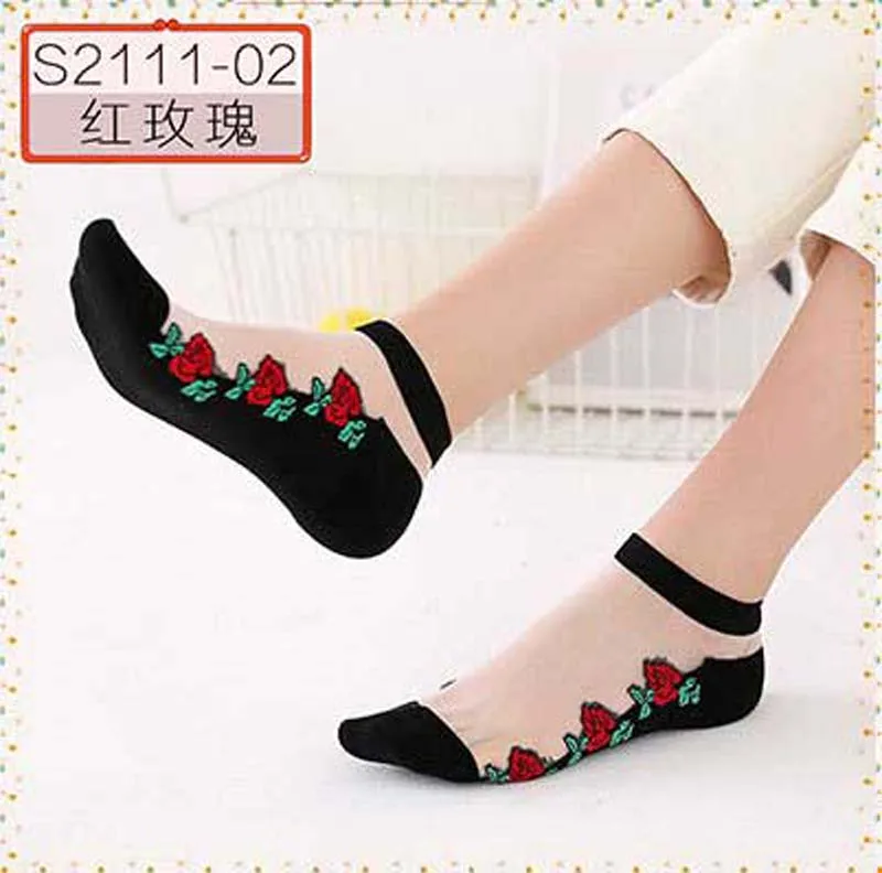 Красные Розовые хлопковые шелковые носки с кристаллами женские прозрачными