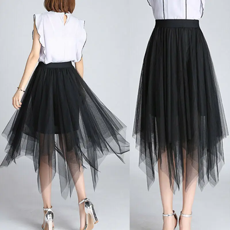 

Женская фатиновая сетчатая юбка с эластичной высокой талией, плиссированные Асимметричные Длинные юбки черного, белого, серого цвета, один размер