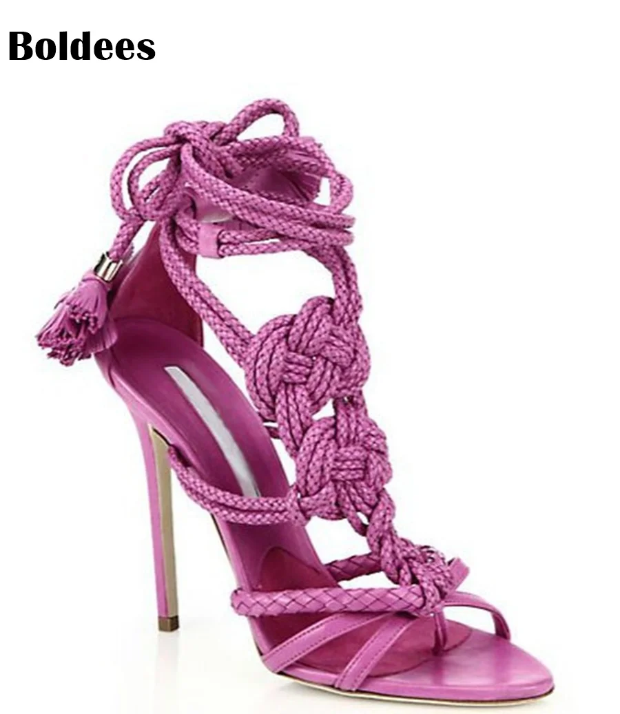 

solid color multi hemp strap crisscross stiletto high heel sandals fashion ankle lace-up knot embellished sandal shoes