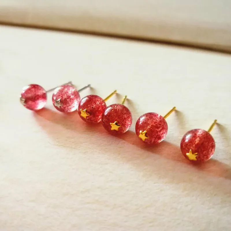 Женские серебряные серьги-гвоздики с клубничным кварцем 7 мм розовые Кристальные