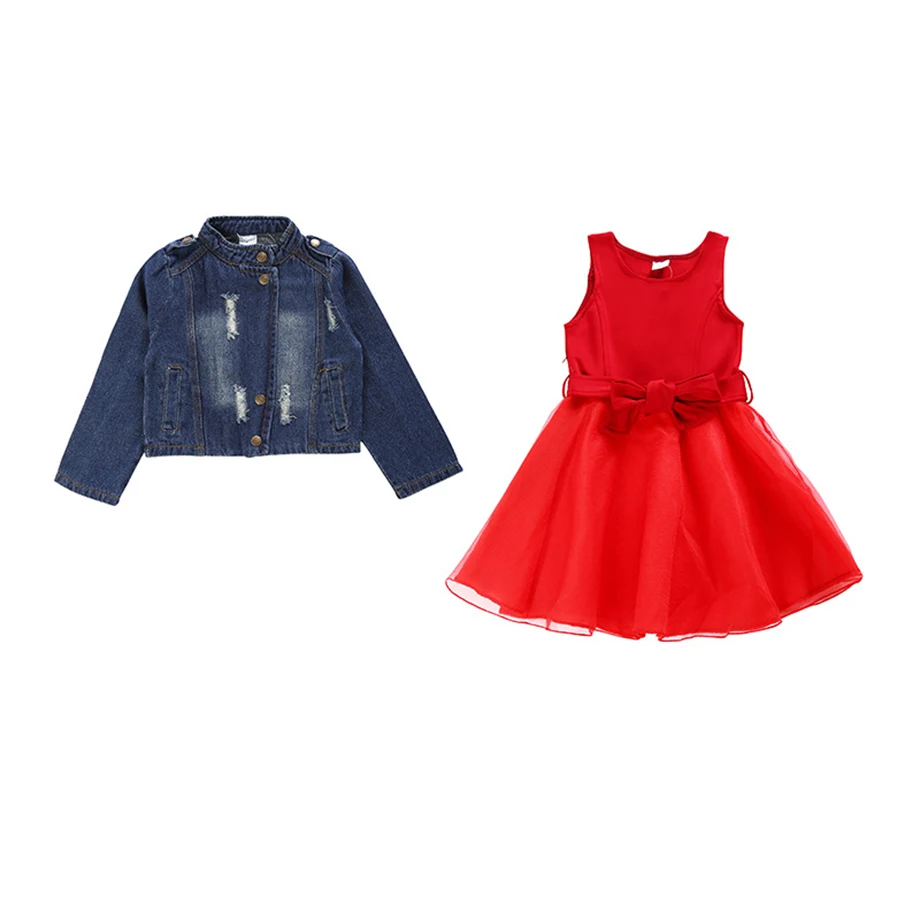Осенняя детская одежда джинсовая куртка + Сетчатое платье с бантом модная для