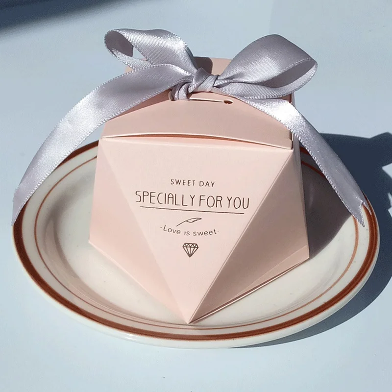 

50 Pcs/Lot Tiffney Blue/Red/Champagne Diamond Shape With Bow Ribbon For Baby Shower Candy Box Wedding Gifts Boxes Birthday Party